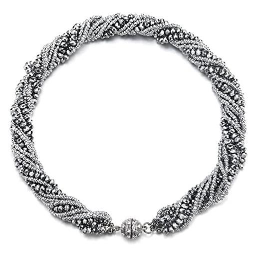 COOLSTEELANDBEYOND argento statement pendente multi strati perline cristallo intrecciato catena girocollo choker fermoir magnétique