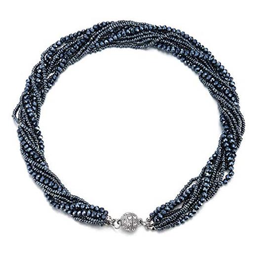 COOLSTEELANDBEYOND blu scuro statement pendente multi strati perline cristallo intrecciato catena girocollo choker fermoir magnétique