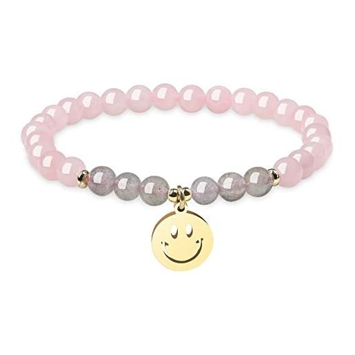 COAI bracciale da donna con perle di quarzo rosa e labradorite con charm smile