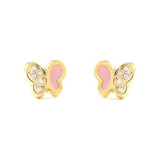 Monde Petit orecchini per bambini farfalla rosa - oro giallo 9k (375) - scatola regalo - certificato di garanzia
