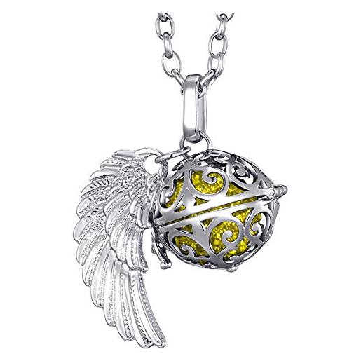 Morella catenina donna angelo custode in acciaio inox 70 cm con ciondolo ad ali di angelo e sfera gialla ø 16 mm in sacchetto di velluto