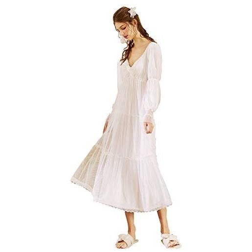 Flwydran maniche lunghe da donna in cotone vittoriano, pizzo, rosa, camicia da notte bianca, pigiama, pigiameria, indumenti da notte