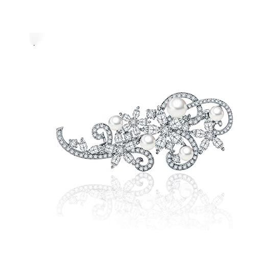 Quke bling, spilla con perle di ispirazione vintage, da matrimonio, in chiaro cristallo austiaco, color argento