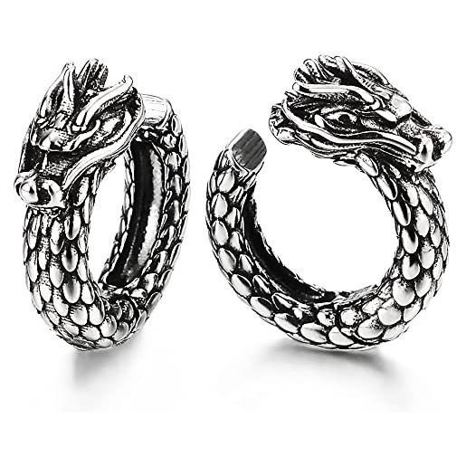 COOLSTEELANDBEYOND annata drago scaglia cerchio orecchini da uomo donna, huggie clip-on orecchini a lobo, acciaio inossidabile, 2 pezzi
