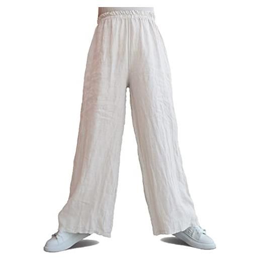 glomy* pantalone donna largo estivo in lino casual comodo e leggero, made in italy, bianco