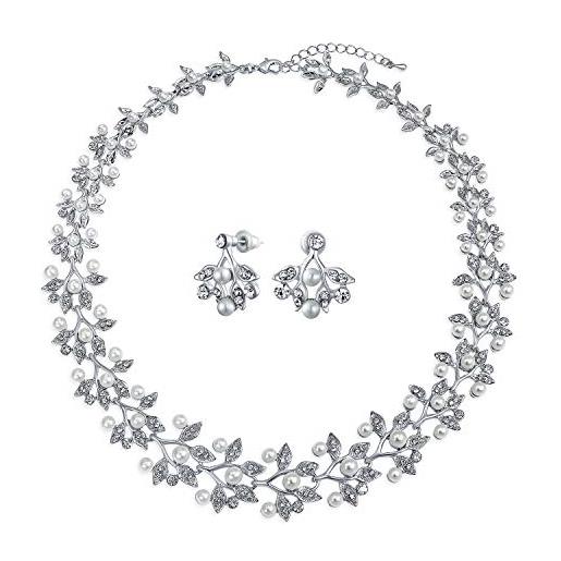 Bling Jewelry sposa grande moda vintage stile foglie motivo simulato perla bianca cubic zirconia pave cz foglia bib dichiarazione collana gioielli set per donne matrimoni