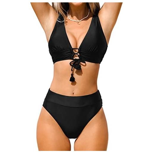 CUPSHE bikini set per le donne due pezzi costumi da bagno con scollo a v cravatta anteriore ampie cinghie regolabile a vita alta, nero, m