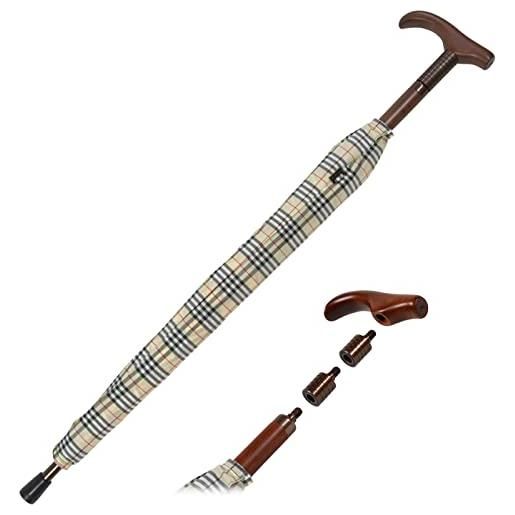 iX-brella ombrellone regolabile in altezza con manico in legno, motivo a quadretti beige, 105 cm
