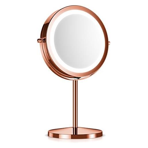 Navaris specchio ingrandente con luce led - specchio luminoso 5: 1 ingrandimento x5 specchietto girevole per il trucco da appoggio luce integrata rame