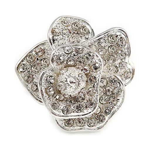 Avalaya anello in cristallo trasparente con fiore di rosa, tono argento/30 mm d/misura 7/8 regolabile