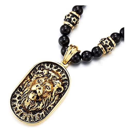 COOLSTEELANDBEYOND uomo collana di perle onice nero con oro nero testa di leone scudo pendente acciaio inossidabile, 70cm lungo