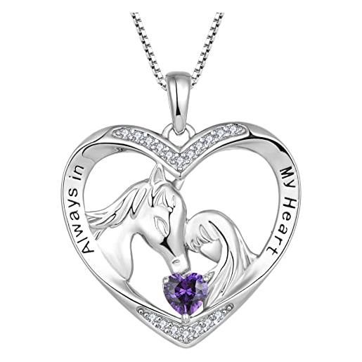 YL collana di cavallo in argento 925 con febbraio pietra portafortuna ametista gioielli cuore ciondolo a forma di cavallo per donna