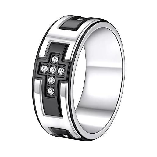 Supcare anello uomo con croce zirconi, anelli uomo acciaio, 11 us misura anello uomo nero+ argento, idee regalo per papà adulti