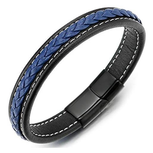 COOLSTEELANDBEYOND uomo donna pelle intrecciata braccialetto, blu nero cuoio bracciale, bianco punti sutura nero acciaio chiusura magnetica
