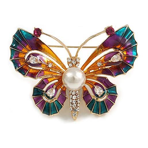 Avalaya spilla a forma di farfalla in cristallo smaltato multicolore con perle finte, color oro, 53 mm di diametro, smalto, perle finte, pietre preziose, metallo