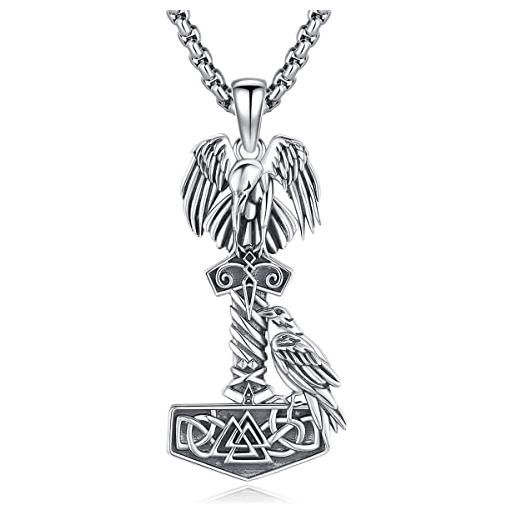 Eusense gioielli vichinghi collana con martello di thor in argento 925 amuleto del corvo norreno mitologia ciondolo valknut nodo celtico catena vichinga regalo per uomini donne