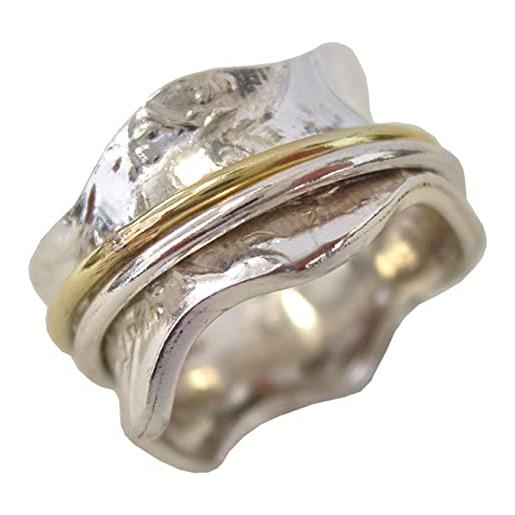 Energy Stone meadow petite raised flowers sterling silver meditation spinner ring with brass and silver spinners (style uk04) (p 1/2)
