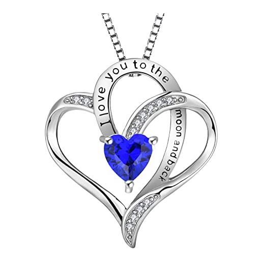 YL collana cuore argento 925 tagliare settembre pietra portafortuna spinello blu ciondolo per donna, catena 45+3 cm
