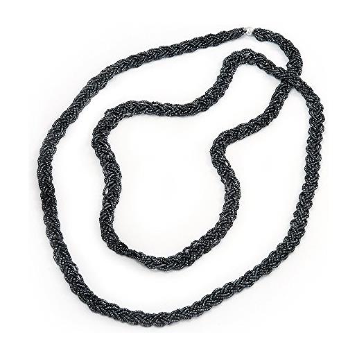 Avalaya collana lunga con perle di vetro nero pavone, lunghezza 145 cm