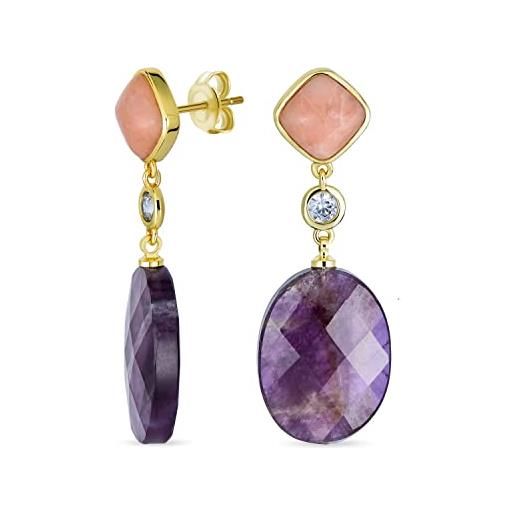 Bling Jewelry eleganti orecchini pendenti ovali sfaccettati con cristalli rosa polverosi di pietre preziose e ametiste viola naturali placcati in oro giallo 14k per donne