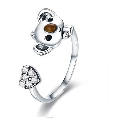 NewL animal collection - anello regolabile in argento sterling 925, con forma di koala, regolabile, in argento sterling, argento, zirconia cubica