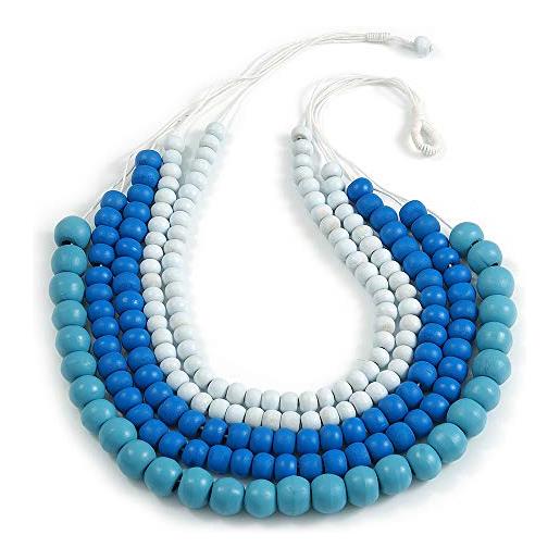Avalaya statement - collana con perline di legno a strati multifili, in cotone bianco/blu pastello, lunghezza 80 cm, misura unica, legno corde legno