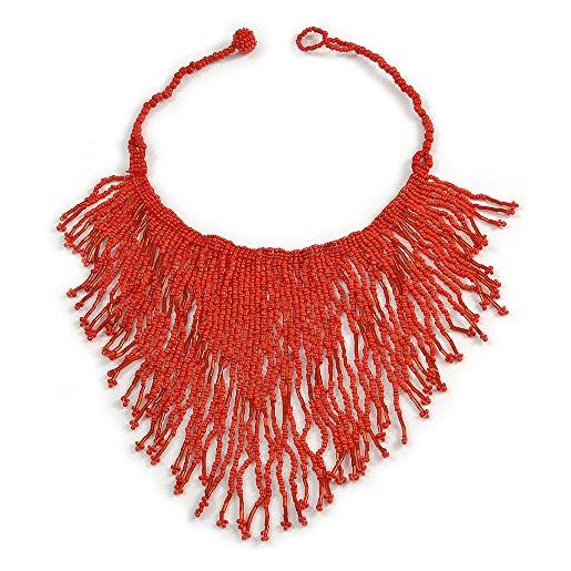 Avalaya collana con perline di vetro, stile bavaglino e frange, colore rosso mattone, lunghezza 40 cm, lunghezza 17 cm, misura unica, vetro