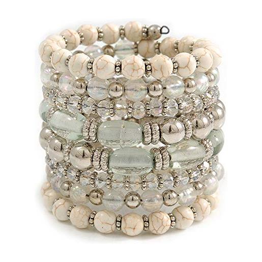 Avalaya bracciale a spirale in ceramica, acrilico, perle di vetro (bianco, argento, trasparente) regolabile
