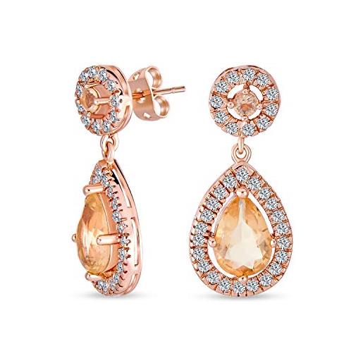 Bling Jewelry orecchini pendenti a forma di goccia a pera con halo in cz aaa simulato di morganite rosa moda per donne placcati in oro rosa in ottone