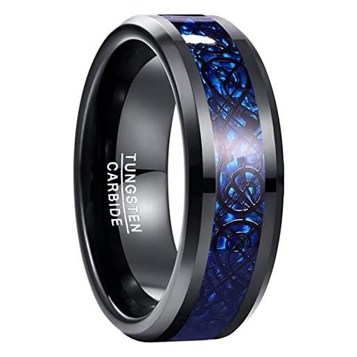 NUNCAD 8mm anello uomo/donna in tungsteno con drago celtico nero e fibra di carbonio blu per matrimonio fidanzamento, taglia 29.75