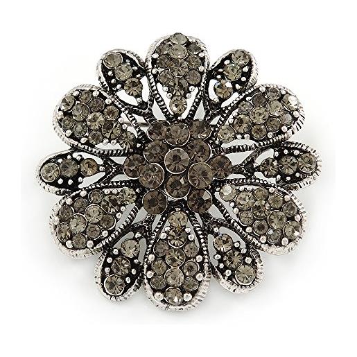 Avalaya spilla vintage con cristalli austriaci di colore grigio, a forma di fiore, in argento anticato, diametro 43 mm, misura unica, vetro, cristallo
