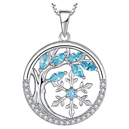 YL collana albero della vita e fiocco di neve in argento 925 con ciondolo da donna in pietra portafortuna di marzo acquamarina, lunghezza catena 45+3 cm
