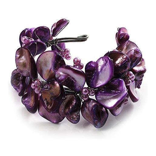 Avalaya bracciale rigido viola brillante con conchiglia floreale e perle simulate (tono argento), misura unica, plastica plastica guscio di mare