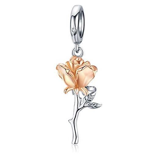 Qings charms con pendente fiore rosa in argento sterling 925, ciondolo fiore in oro rosa per collana bracciale