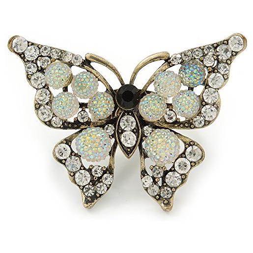 Avalaya anello a farfalla in cristallo trasparente grande 60 mm, in metallo dorato invecchiato, regolabile, misura 7/8, metallo