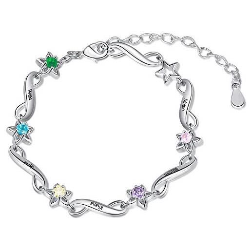 lorajewel braccialetto infinito argento personalizzato con nomi e ciondoli di pietra del parto simulati braccialetti regolabili per donne regali personalizzati per ragazze (5 nomi)