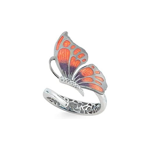 Artlinea, anello contrariè in argento 925, gioiello in argento rodiato a forma di farfalla, smalto arancio eseguito a mano, con cubic zirconia, misura 26, made in italy