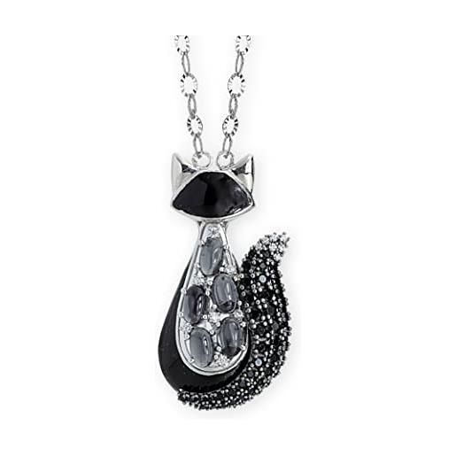 Artlinea, collana in argento 925, gioiello rodiato con ciondolo a forma di gatto, smalto nero eseguito a mano, con zirconi e siamiti, chiusura a moschettone, made in italy