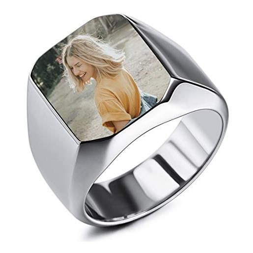 INBLUE personalizzato foto anello con sigillo incisione nero immagine per uomini donne acciaio inossidabile bundle con regolatori della dimensione dell'anello (argento colore)