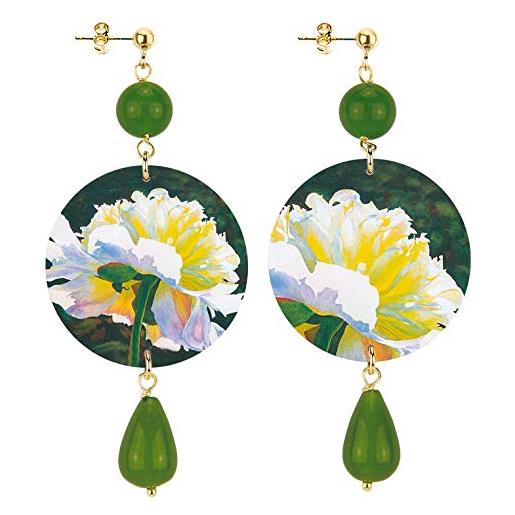 In lebole collezione the circle fiore bianco fondo scuro orecchini da donna in ottone pietra verde oliva