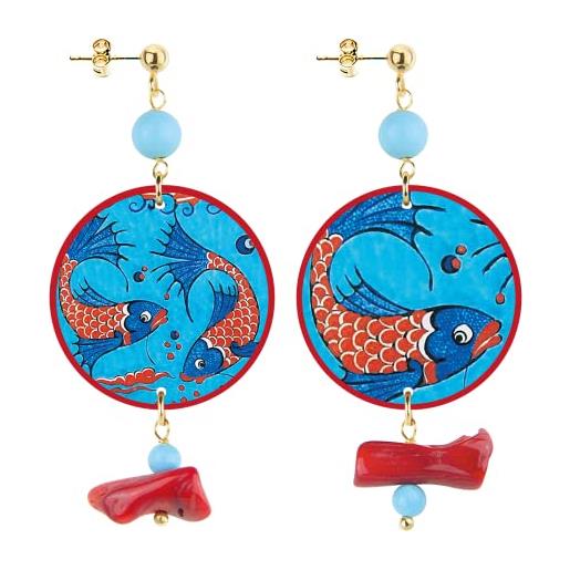 In lebole collezione the circle special piccoli dspor02 pesci rossi fondo azzurro orecchini da donna in ottone