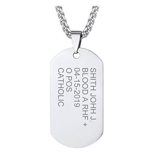 PROSTEEL piastrine militari personalizzabile collana militare cindolo dog tag incisione testo imformazioni mediche acciaio inossidabile, piastrina militare personalizzata donna uomo argento