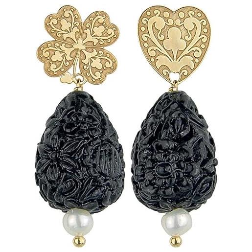 Lebole Gioielli collezione gotico caratteri mobili cuore quadrifoglio orecchini da donna in argento nero
