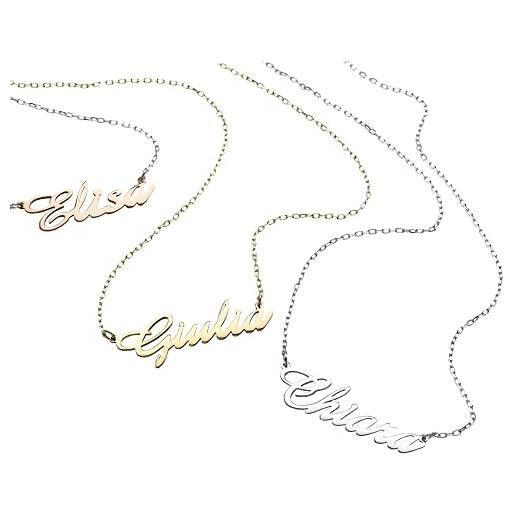 Artlinea, collana in oro 18 carati, personalizzabile con il tuo nome in carattere corsivo, dimensione piccola, lunghezza catena 43 cm, chiusura a moschettone, made in italy