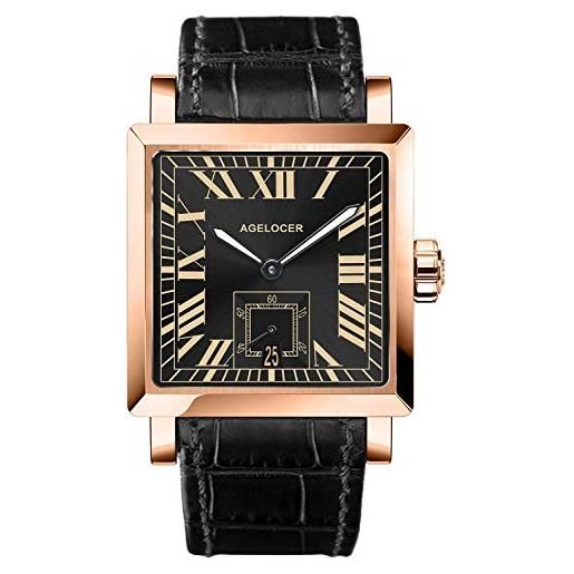 Agelocer orologio da uomo top brand quadrato calendario meccanico luminoso analogico vestito in acciaio inox orologi per, nk_3303d1, cinturino