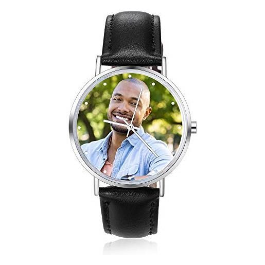 ALBERTBAND orologio da donna orologio personalizzato con foto orologi con cinturino in pelle orologio da polso da donna per uomo per la festa del papà regalo per la mamma (nero-41mm)