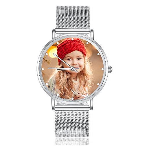 ALBERTBAND orologio da donna orologio personalizzato con foto orologi con cinturino in pelle orologio da polso da donna per uomo per la festa del papà regalo per la mamma (argento-36mm)