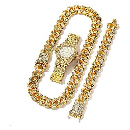 Jacklin F iced out diamond watch set orologio da polso hip hop con collana con bracciale a cubo per uomo