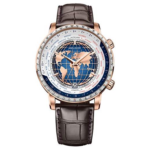 Agelocer orologio da uomo con quadrante di diamanti genuini blu del mondo di marca del calendario meccanico di moda, nk_5201f2, cinturino