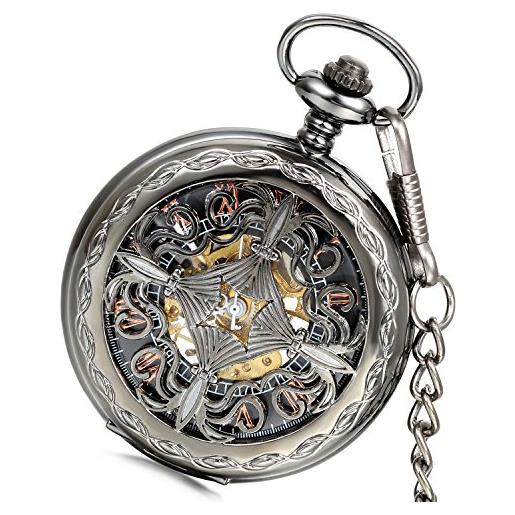 Lancardo orologio da tasca per uomo in movimento meccanico con quadrante numeri romani, caso in oro, knot hollow cinese (2 pezzi)